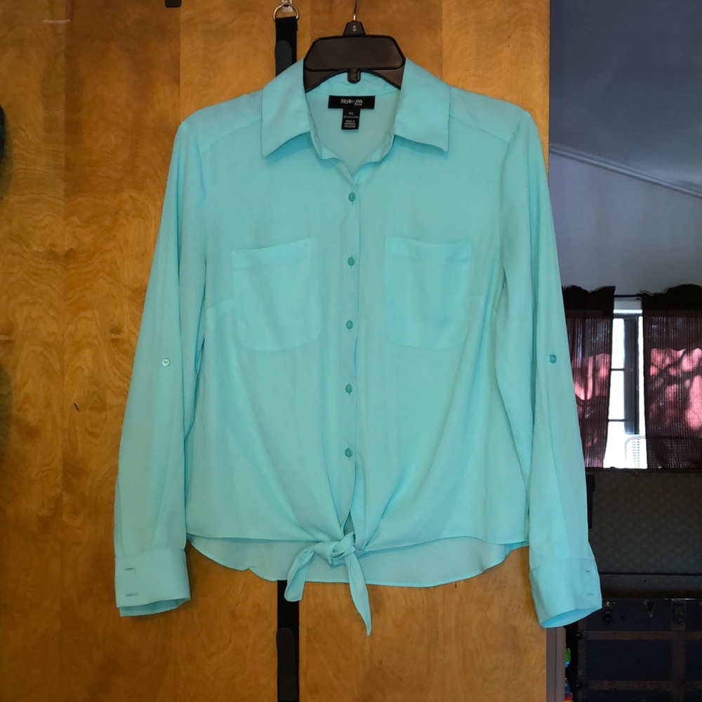 Style & Co mint blouse with tie at waist Petite S